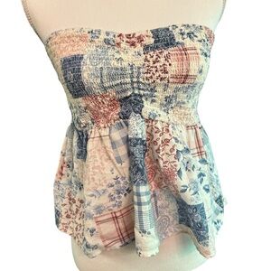 American Eagle Outfitters Blue and Red Patchwork Halter tube Top M